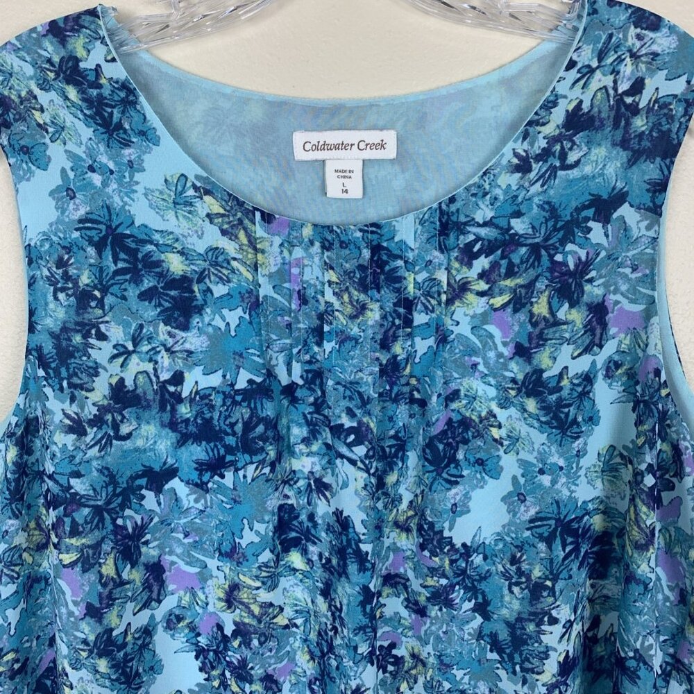 Coldwater Creek Womens L 14 Sleeveless Blouse Floral Blue Work Office Career - Picture 2 of 12